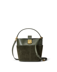 Small Crest Lock Suede Bucket Bag