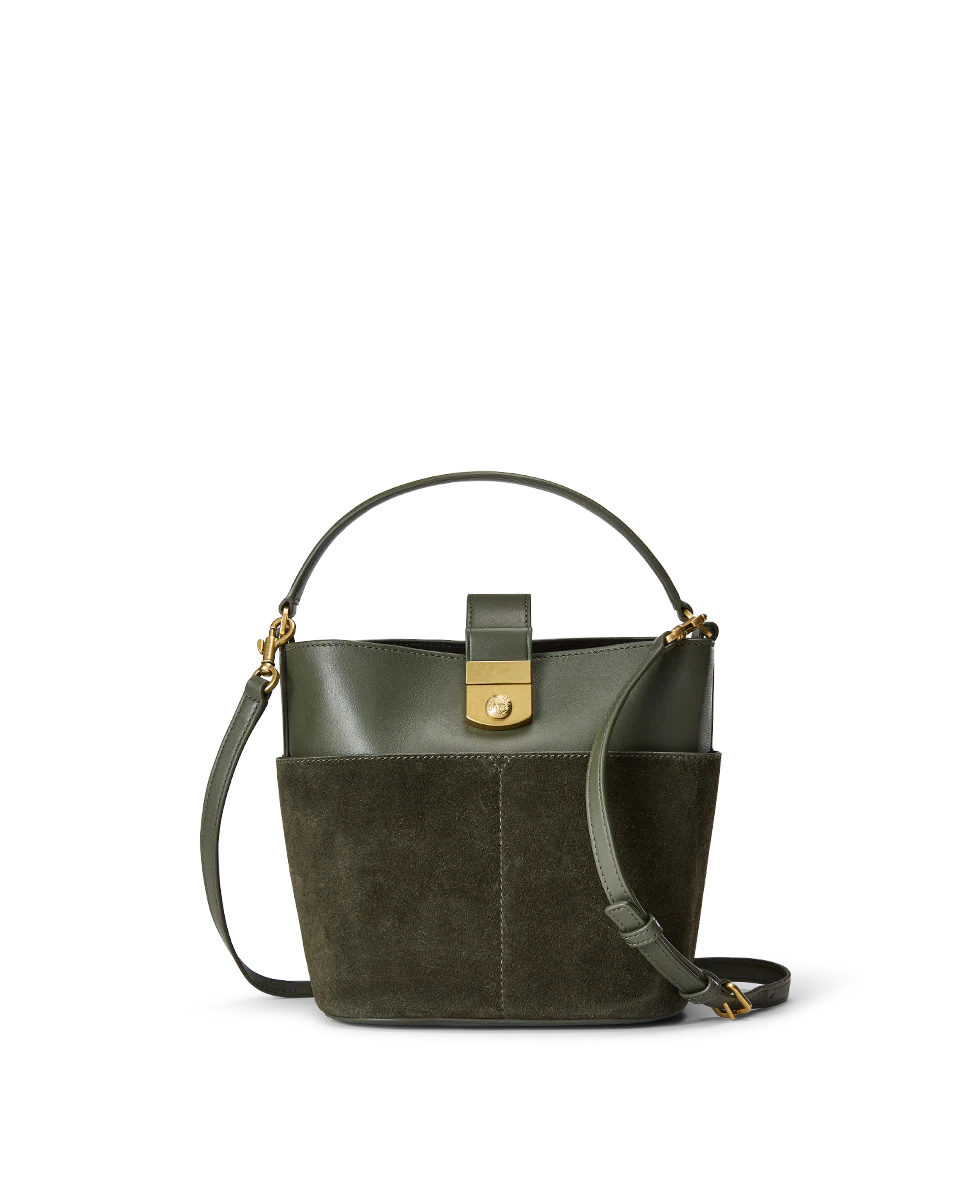 Small Crest Lock Suede Bucket Bag