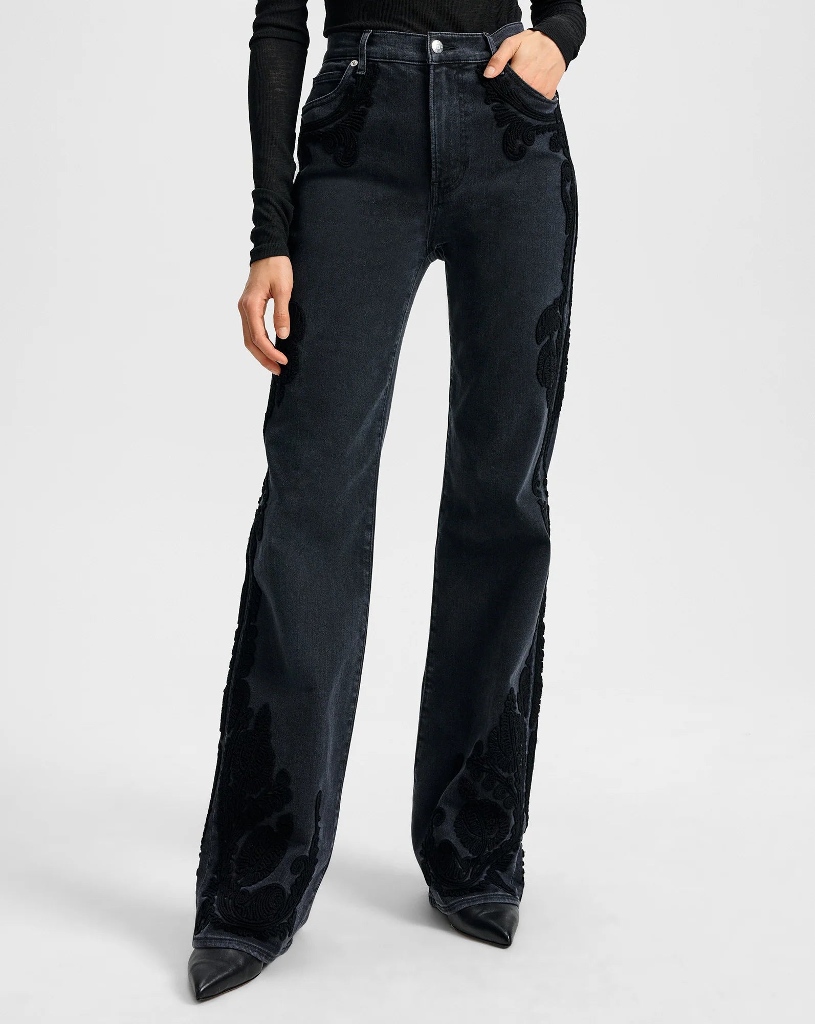 Crosbie Embroidered Slim Wide-Leg Jean